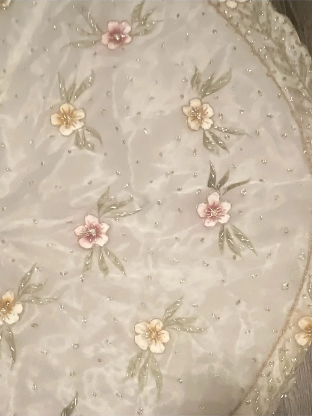 Floral Embroidered Tree Skirt in Ivory, Pink, and Green